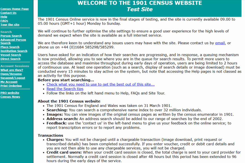 Census test site page with search functions and usage restrictions.