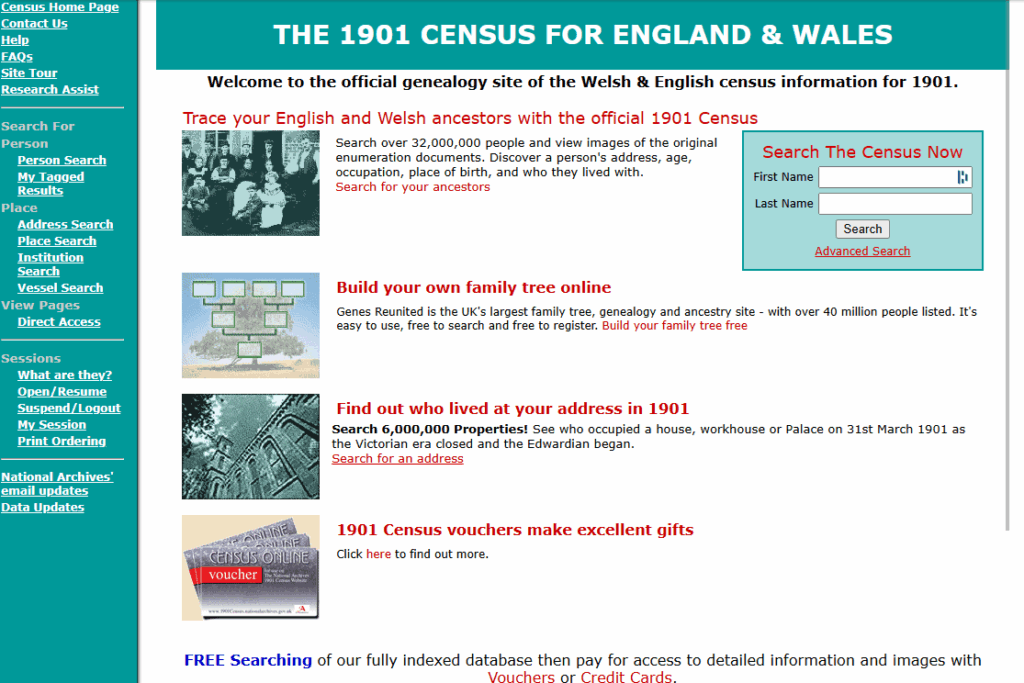 Later version of the 1901 Census Online site, offering searches and vouchers.
