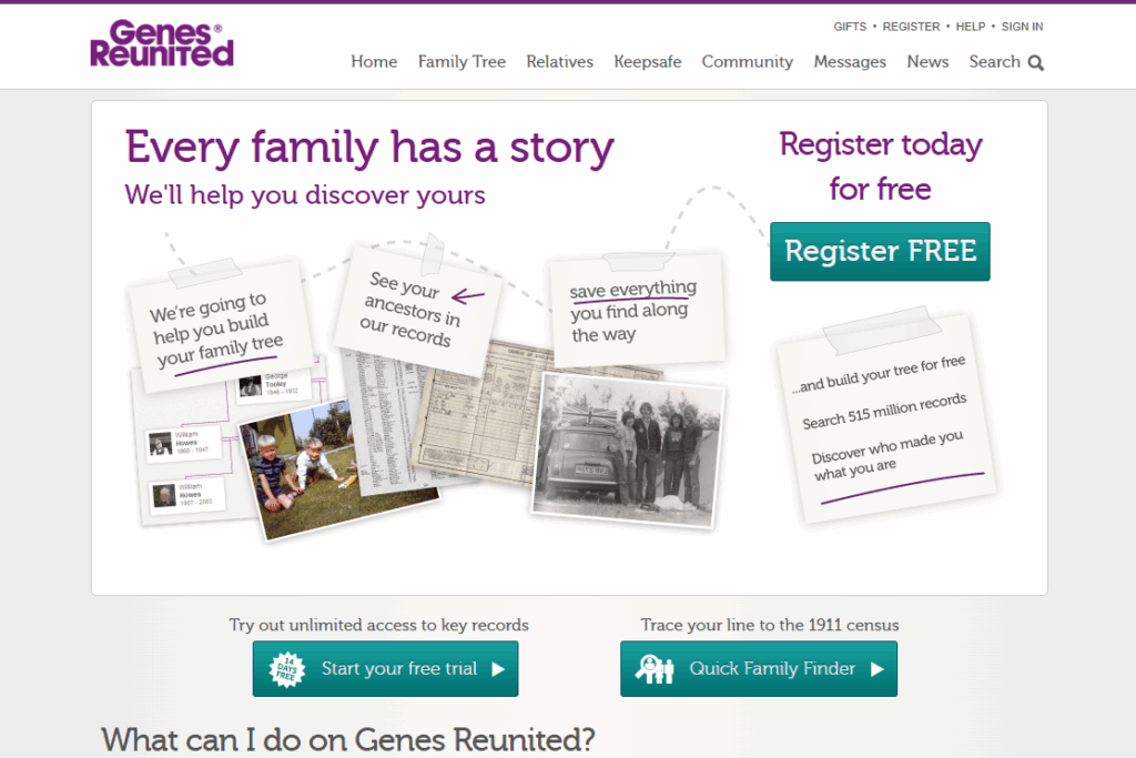 Genes Reunited homepage, a private genealogy platform.