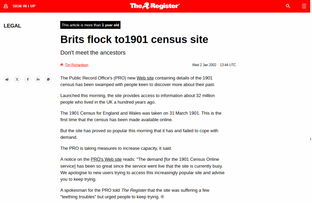 Screenshot of The Register headline “Brits flock to 1901 census site” from January 2002.